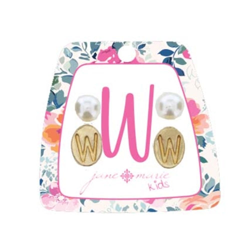 Kid's Gold Initial With Pearl Stud Earring Set