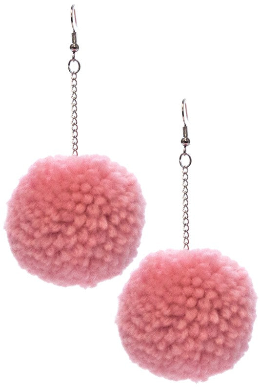 Light Pink Long Chain Drop Pom Pom Ball Earrings