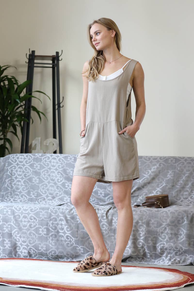 Sleeveless Linen Romper with Pockets - Taupe