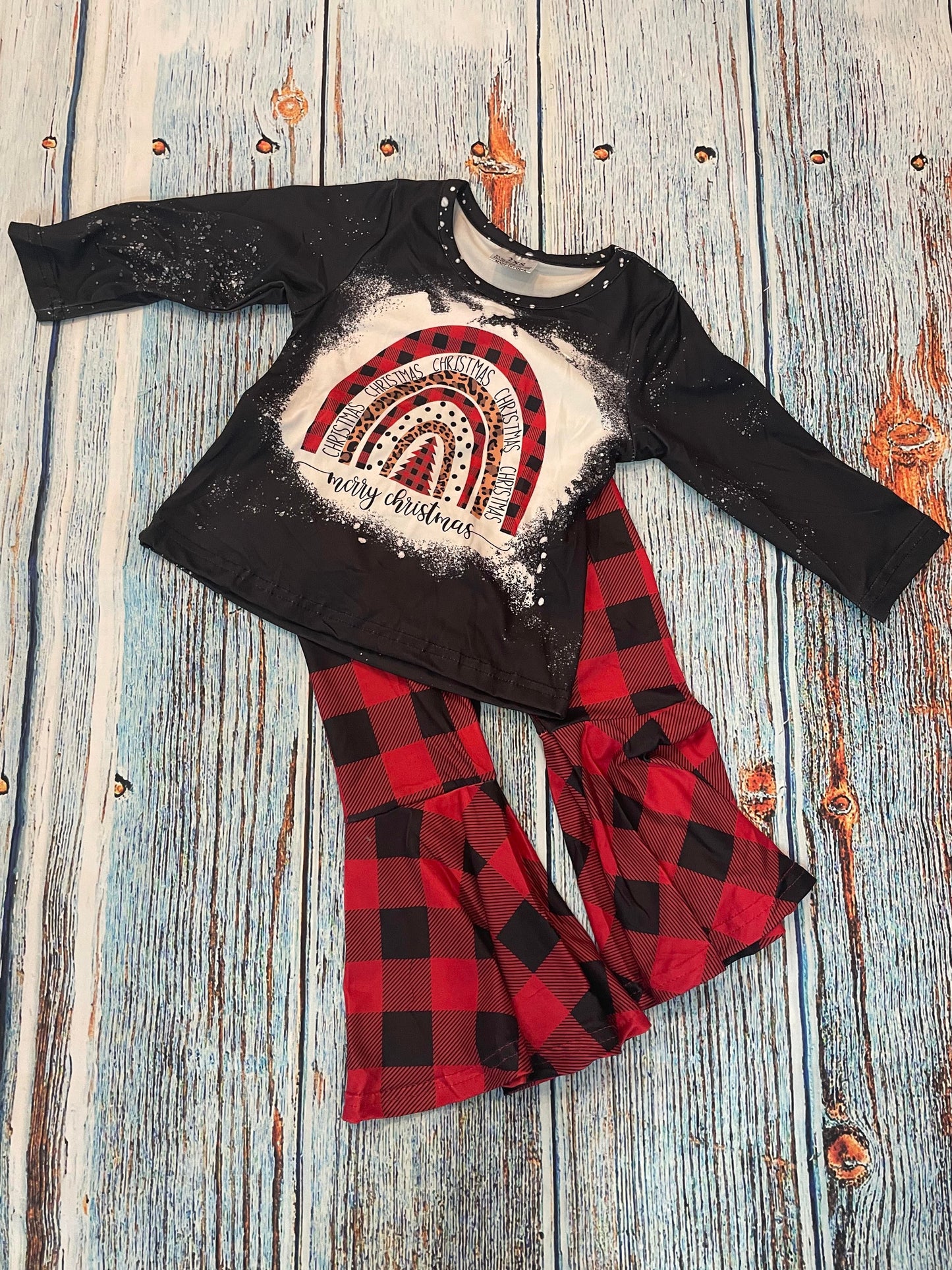 Christmas Rainbow Top w/Red Buffalo Plaid Bell Bottom Pant