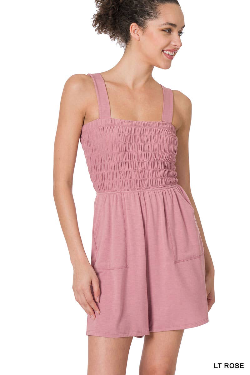 Smocked Top Romper with Pockets - Lt Rose