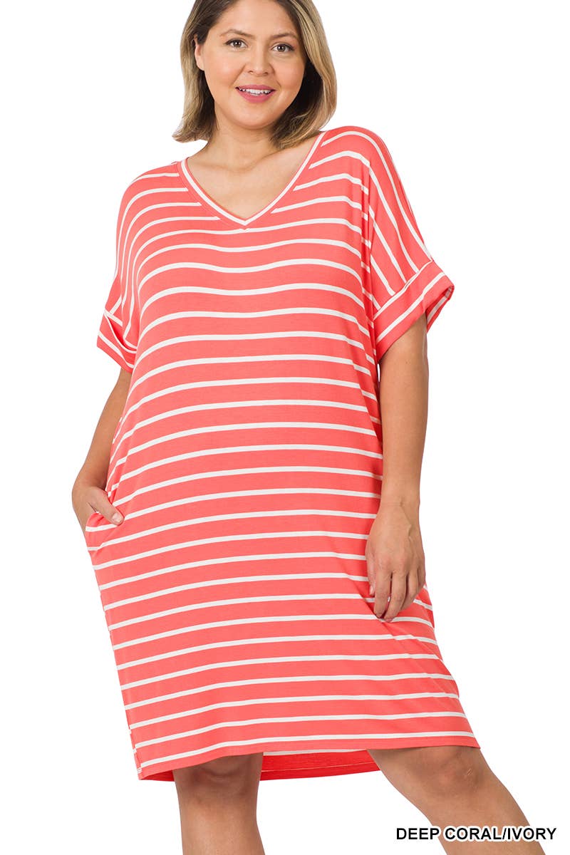 Plus Coral Stripe Rolled Short Sleeve Dress