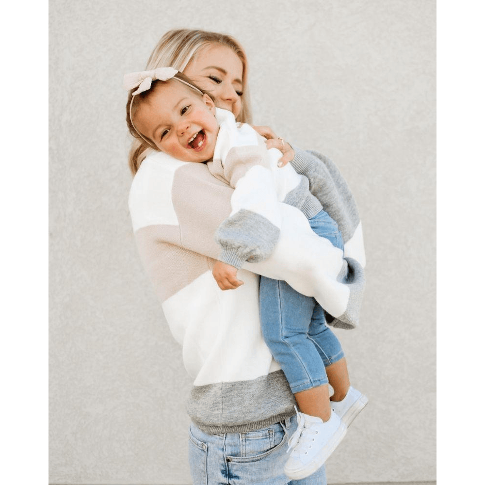 Crawford Mommy & Me Bubble Sleeve Sweater - Pink, White & Gray Stripe