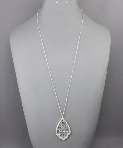 Silver Filigree Long Necklace with Earrings