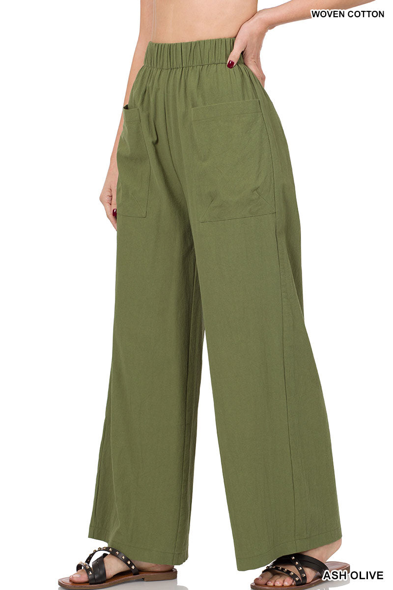 WOVEN COTTON FRONT PATCH POCKET WIDE LEG PANTS - OLIVE GREEN