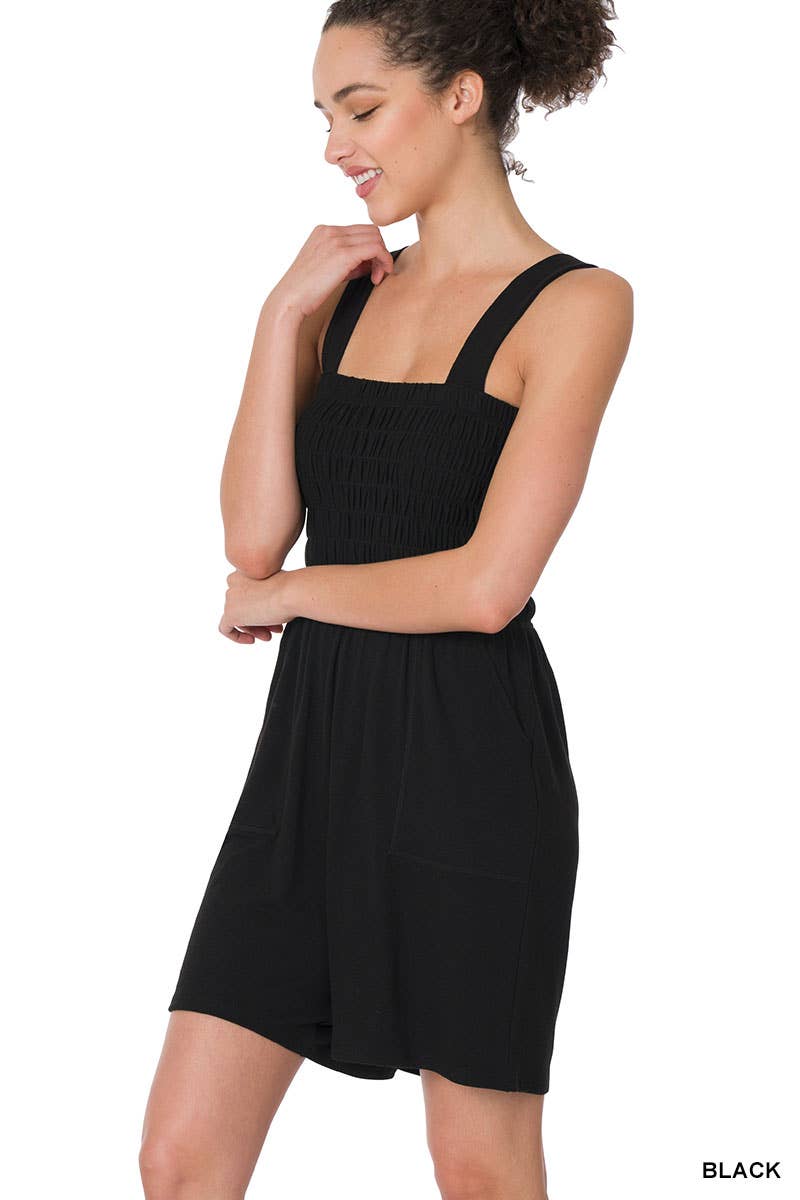 Smocked Top Romper with Pockets - Black