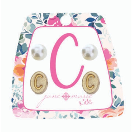 Kid's Gold Initial With Pearl Stud Earring Set