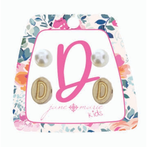 Kid's Gold Initial With Pearl Stud Earring Set