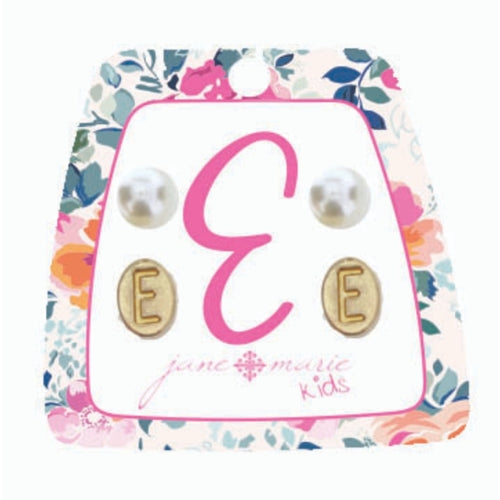 Kid's Gold Initial With Pearl Stud Earring Set
