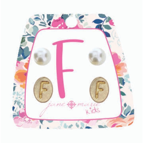 Kid's Gold Initial With Pearl Stud Earring Set