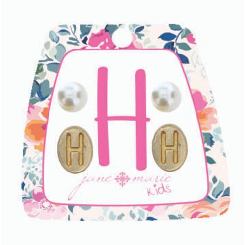 Kid's Gold Initial With Pearl Stud Earring Set