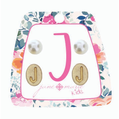Kid's Gold Initial With Pearl Stud Earring Set