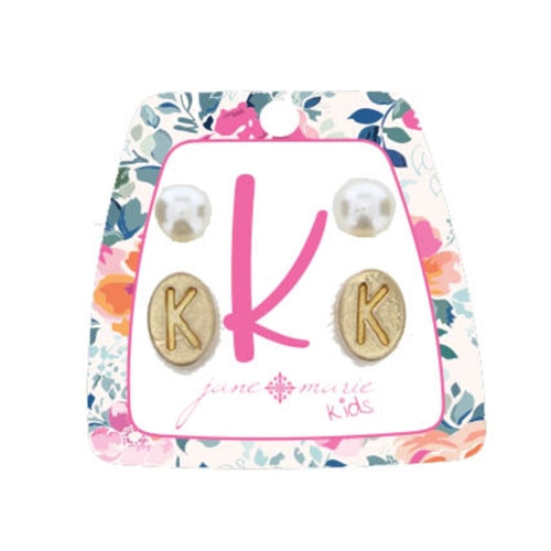 Kid's Gold Initial With Pearl Stud Earring Set