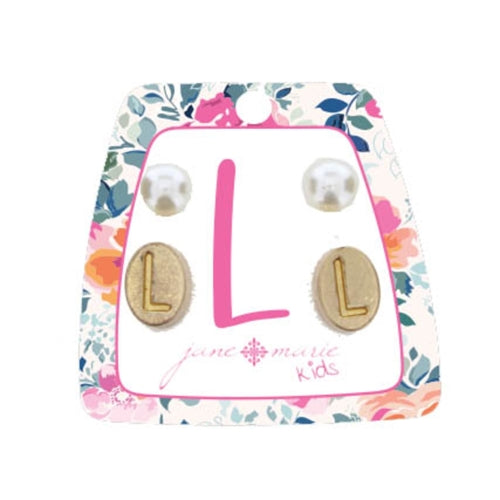 Kid's Gold Initial With Pearl Stud Earring Set
