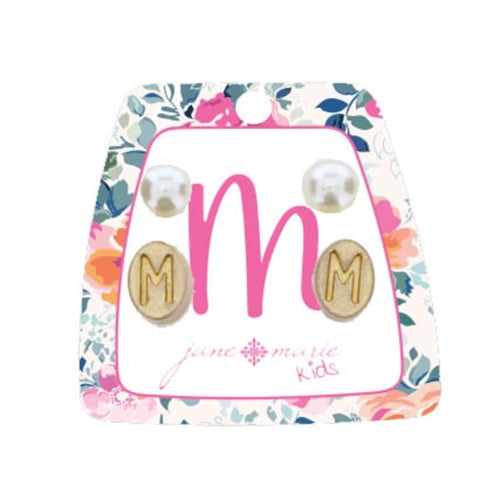Kid's Gold Initial With Pearl Stud Earring Set