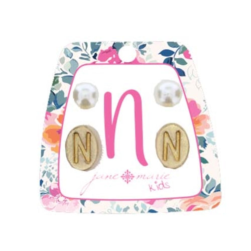 Kid's Gold Initial With Pearl Stud Earring Set