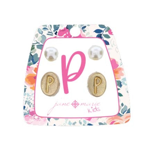 Kid's Gold Initial With Pearl Stud Earring Set