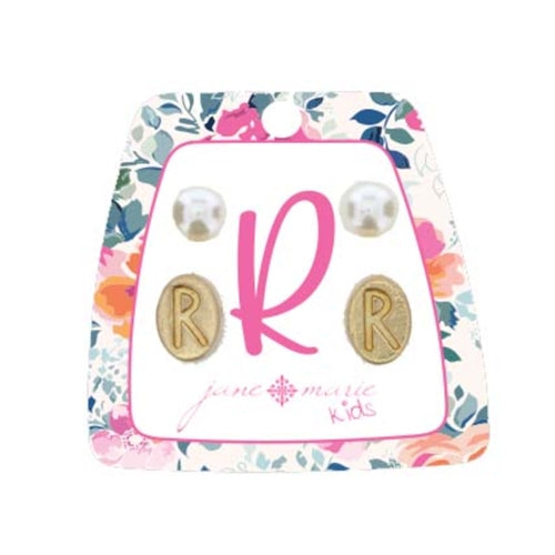 Kid's Gold Initial With Pearl Stud Earring Set