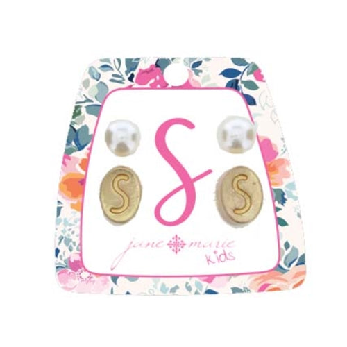 Kid's Gold Initial With Pearl Stud Earring Set