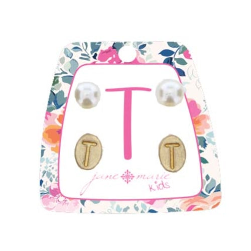 Kid's Gold Initial With Pearl Stud Earring Set