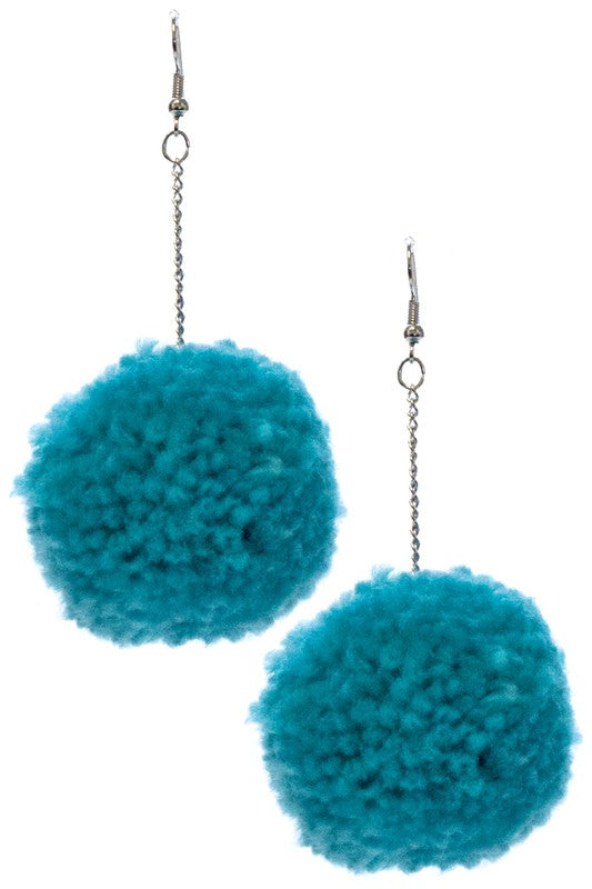 Teal Long Chain Drop Pom Pom Ball Earrings