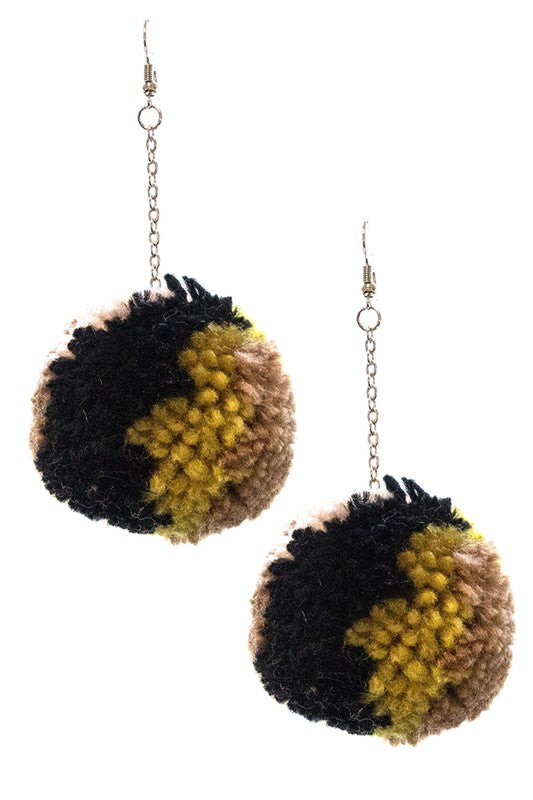 Leopard Long Chain Drop Pom Pom Ball Earrings