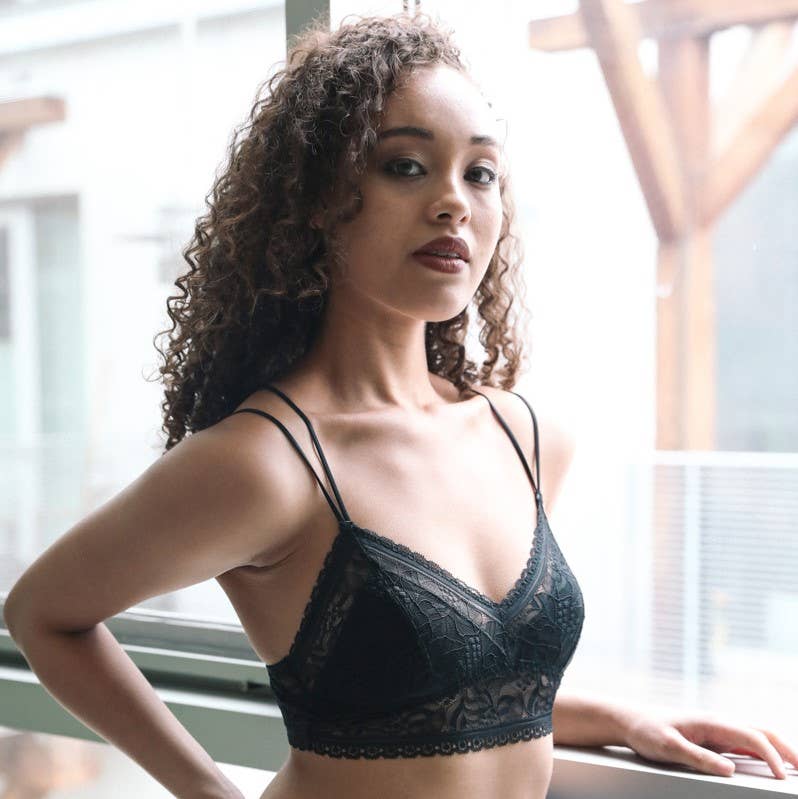 Strappy Back Geometric Lace Bralette - Black