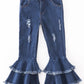Blue Washed Double Layered Frayed Denim Kid Jeans