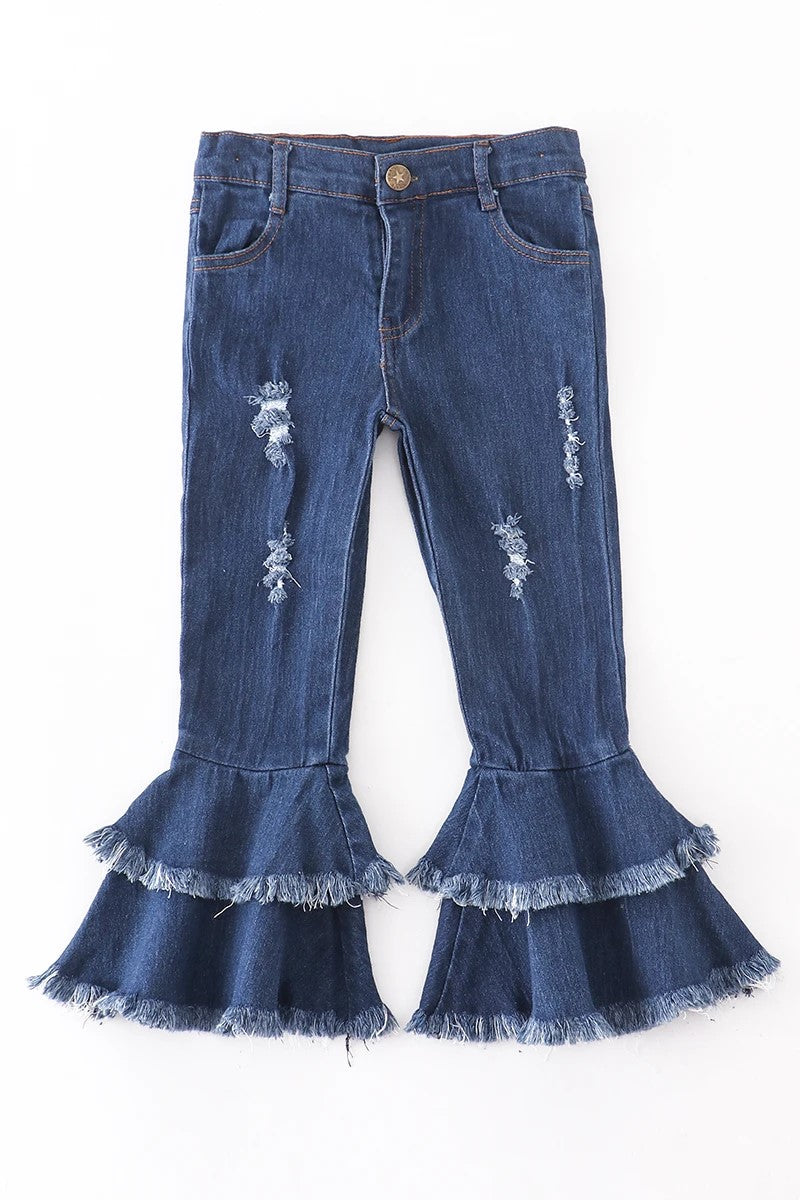 Blue Washed Double Layered Frayed Denim Kid Jeans