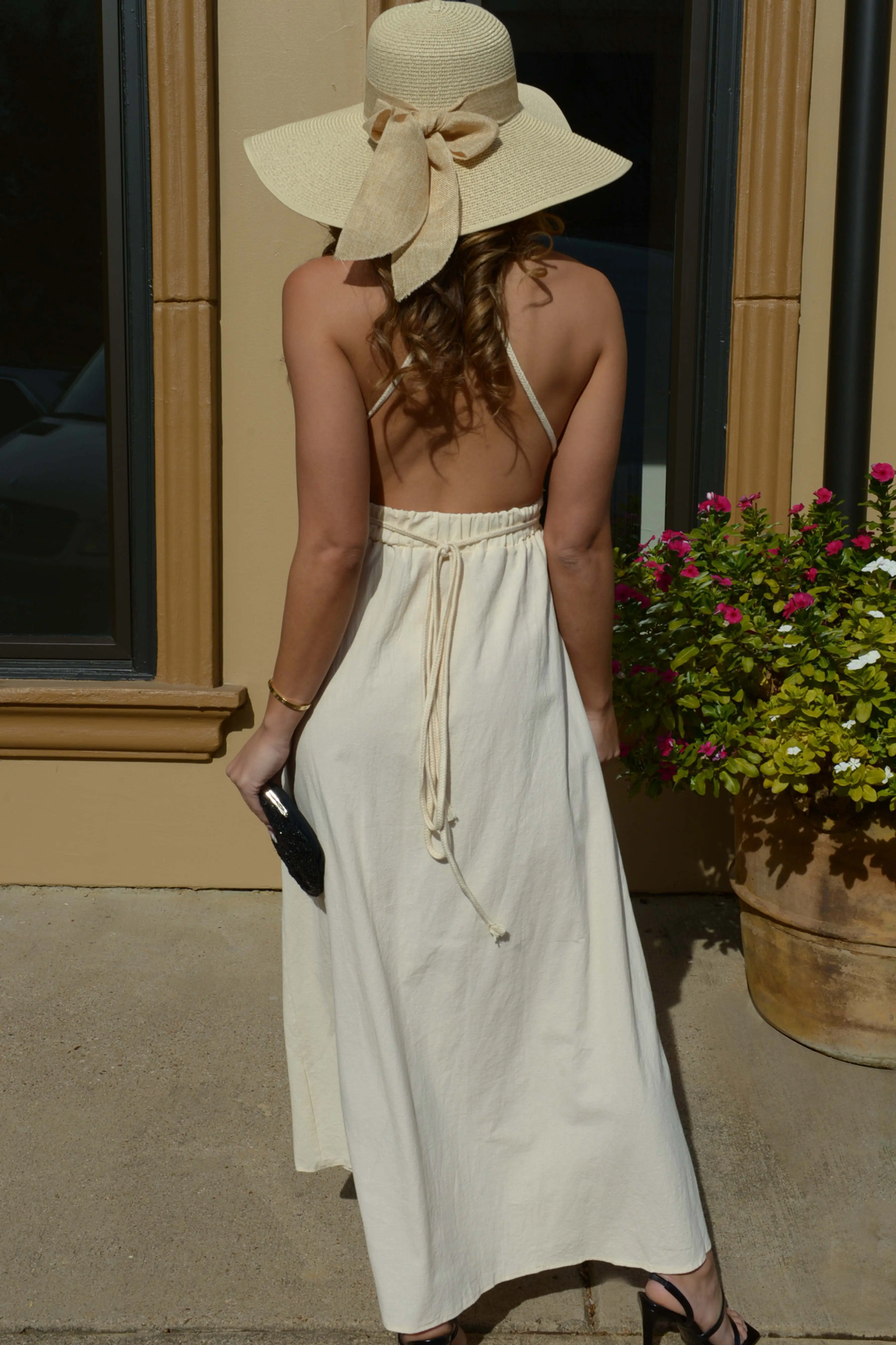 Open Back Halter Slit Woven Maxi Dress