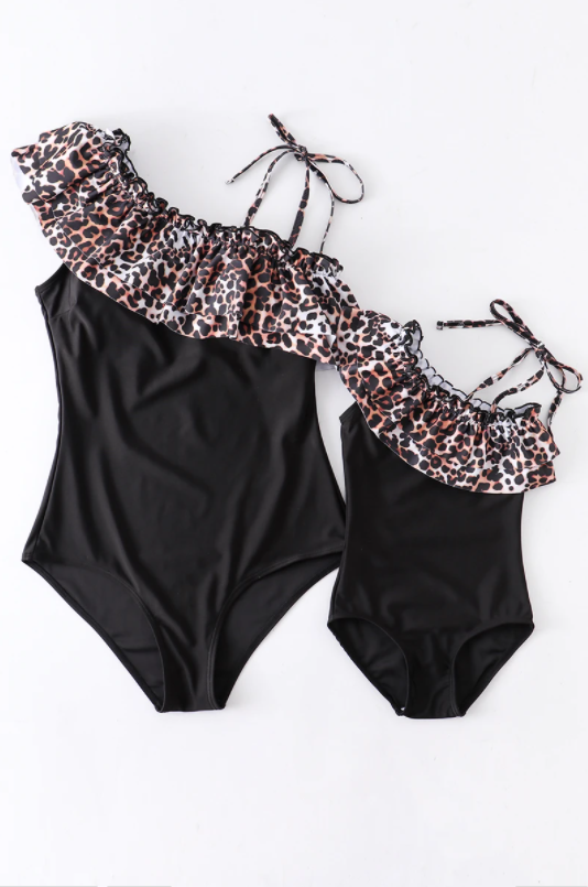 Leopard Ruffle Off Shoulder Mommy and Me Swimsuits