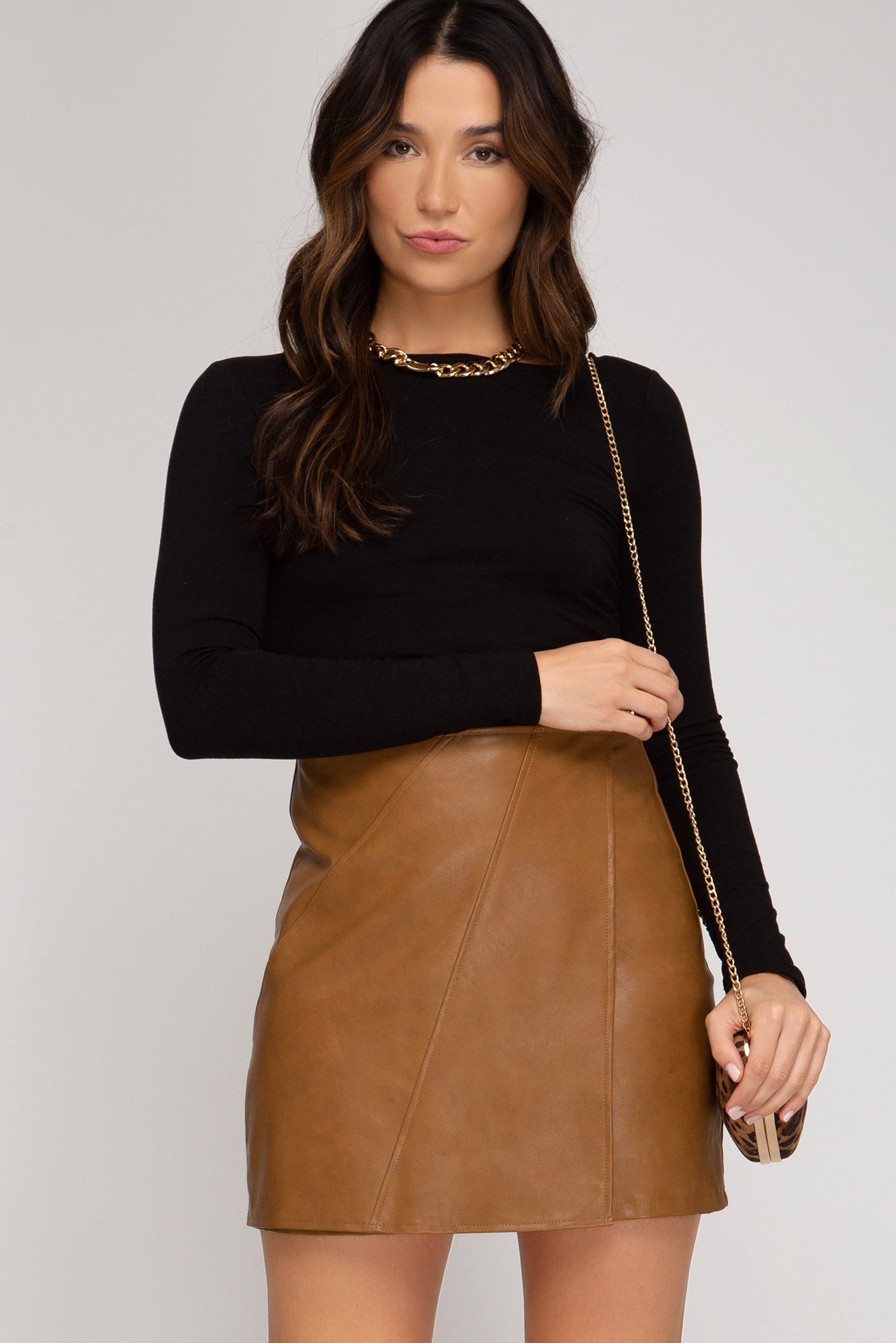 FAUX LEATHER WRAP SKIRT - CAMEL