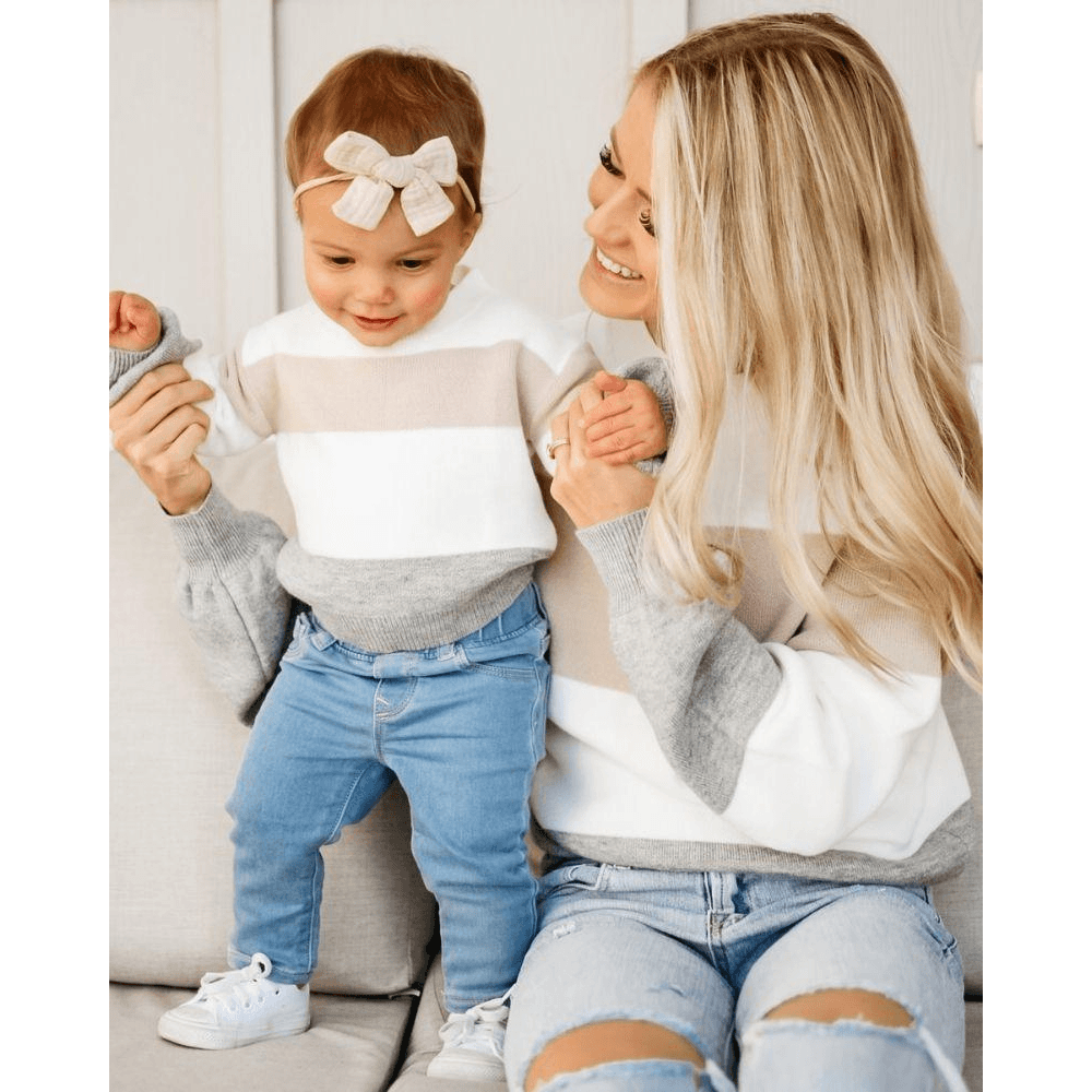 Crawford Mommy & Me Bubble Sleeve Sweater - Pink, White & Gray Stripe
