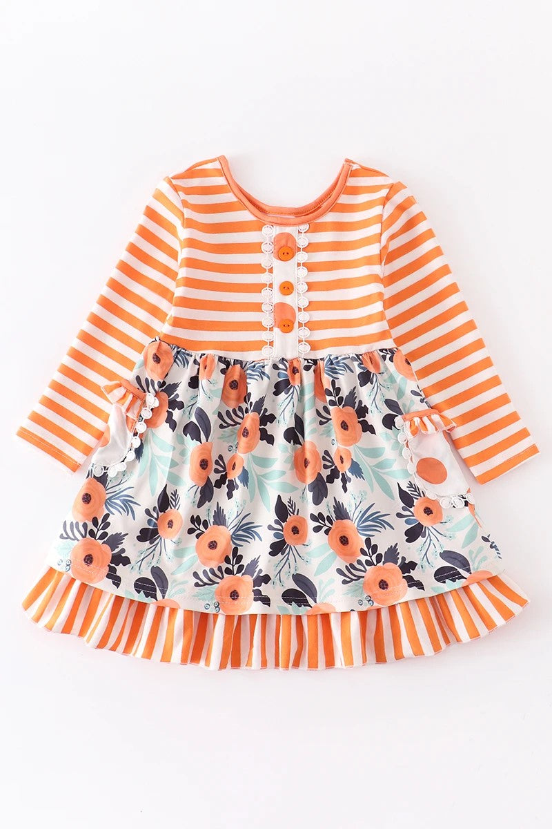 Orange Stripe Mint Floral Ruffle Dress