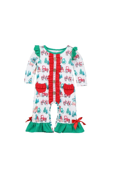 Christmas Tractor Romper White/Green/Red