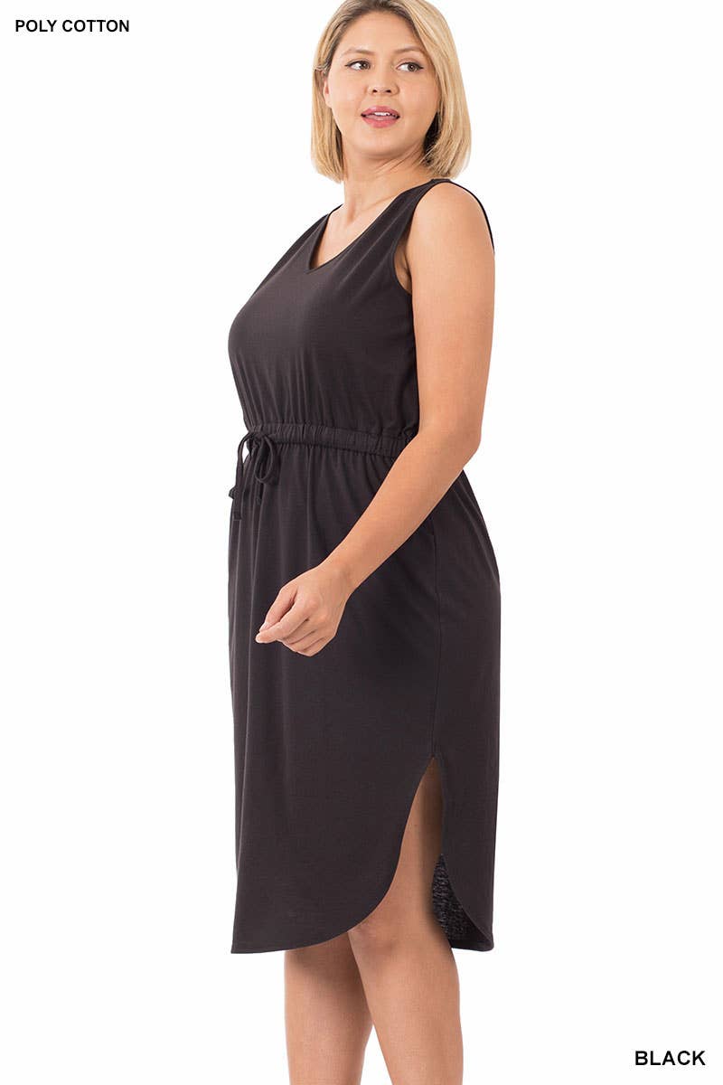Plus Cotton Drawstring Waist Pocket Dress - Black