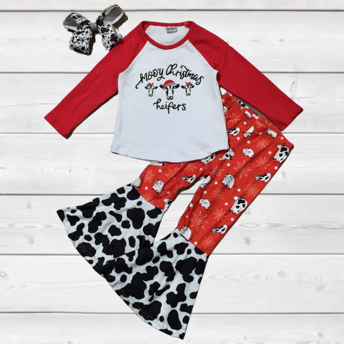 Mooy Christmas Heifers Top w/Matching Cowprint Bell Bottom Pants