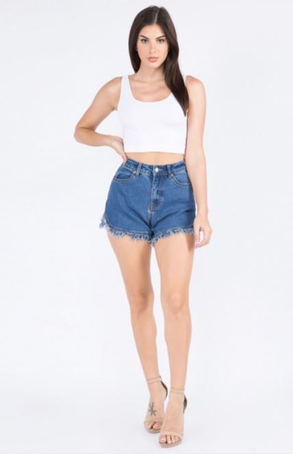 HIGH WAIST DOLPHIN HEM DENIM SHORTS
