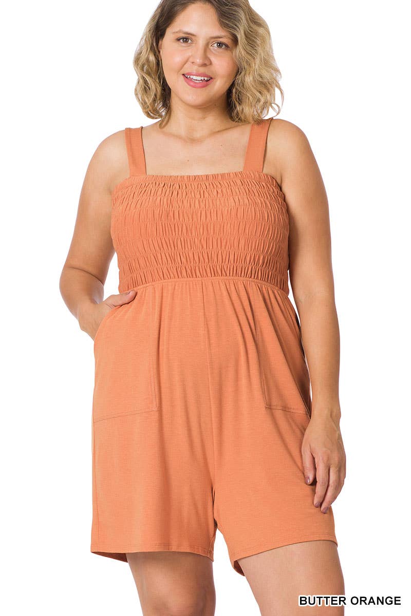 Plus Smocked Top Romper with Pockets - Butter Orange