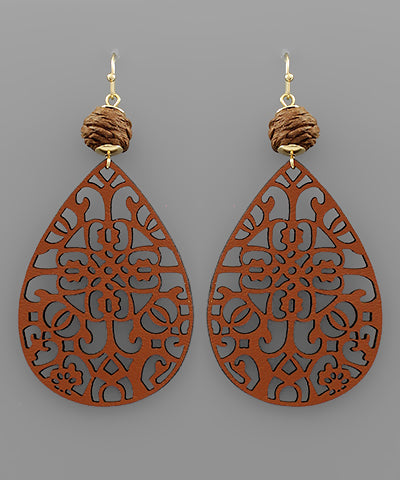 Faux Leather Filigree Tear Drop Earrings - Brown