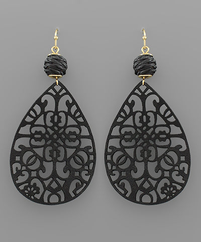 Faux Leather Filigree Tear Drop Earrings - Black