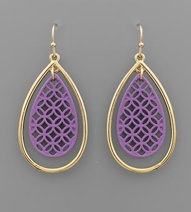 Color Filigree Halo Teardrop Earrings - Purple