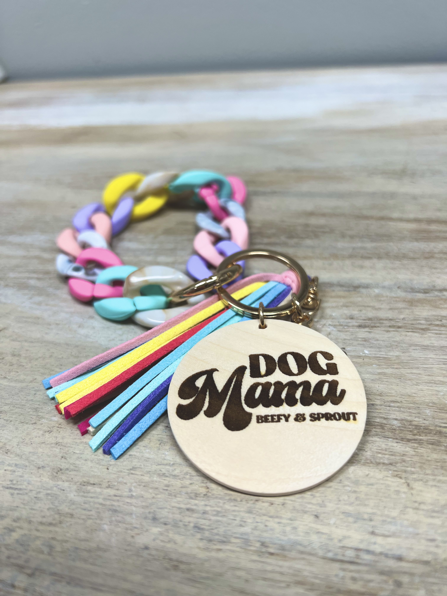 Silicone Link Bracelet and Key Ring with Wood Disc