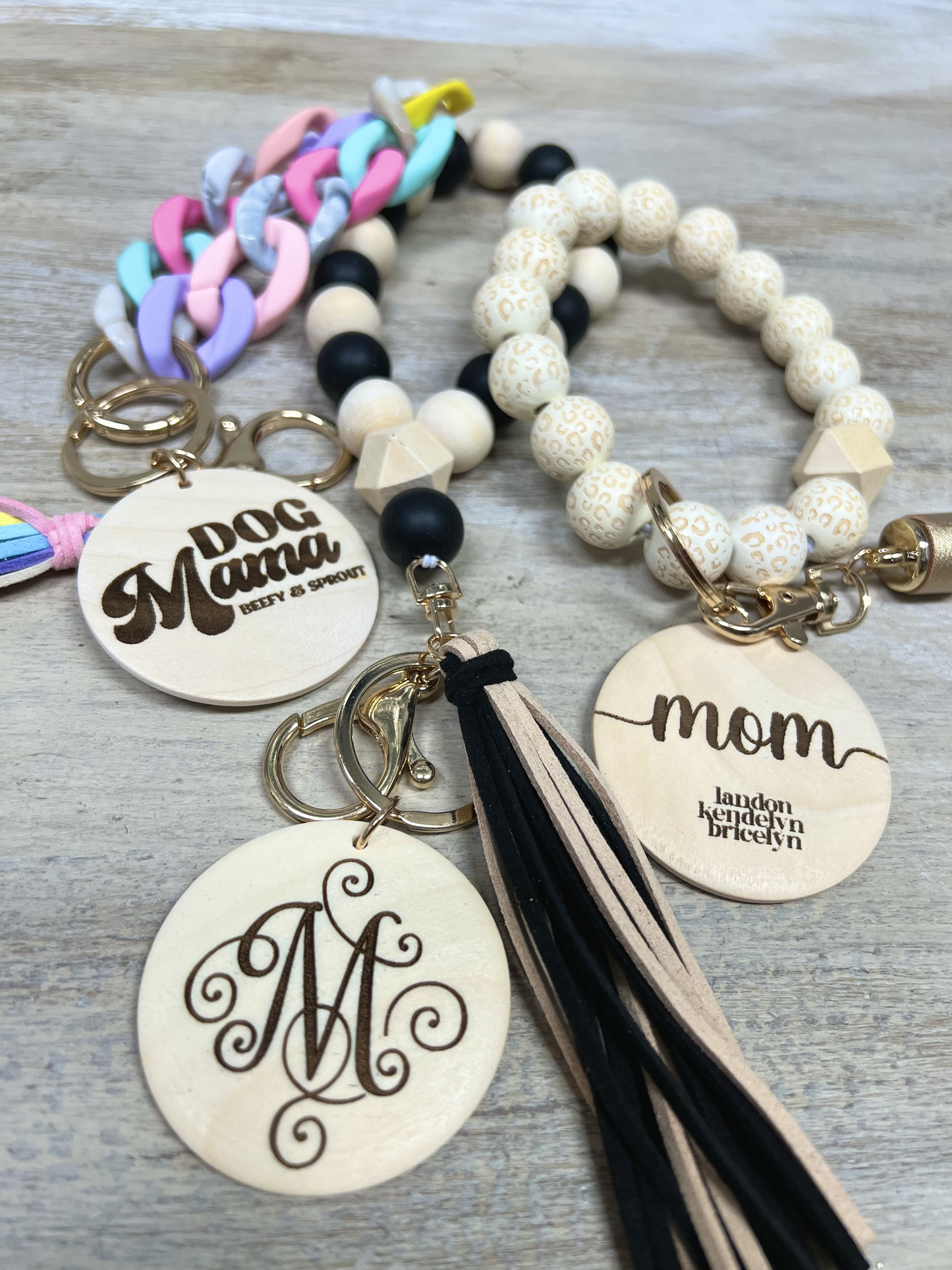 Silicone Link Bracelet and Key Ring with Wood Disc