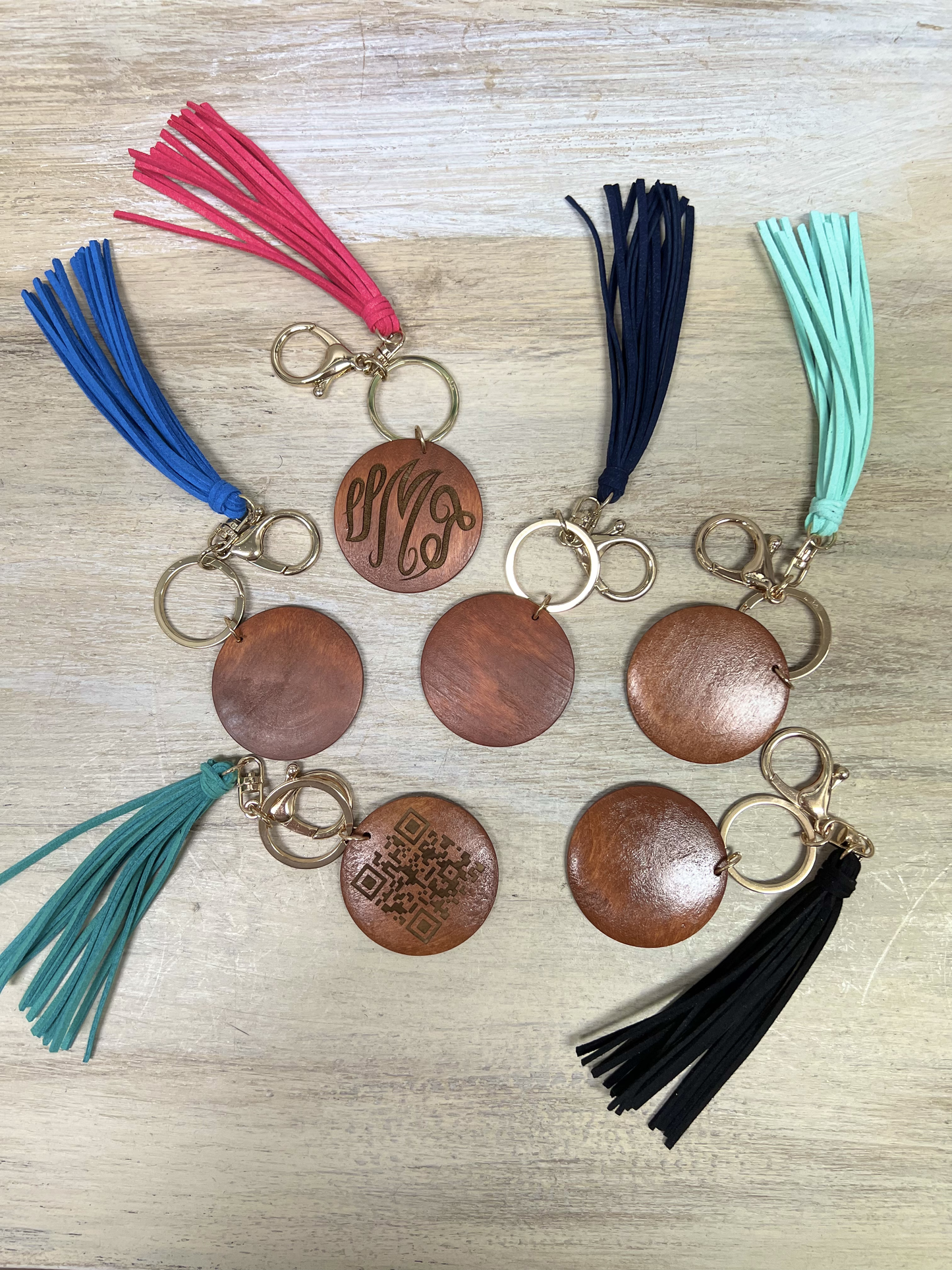 Wood Disc Key Ring with 4" Suede Tassel