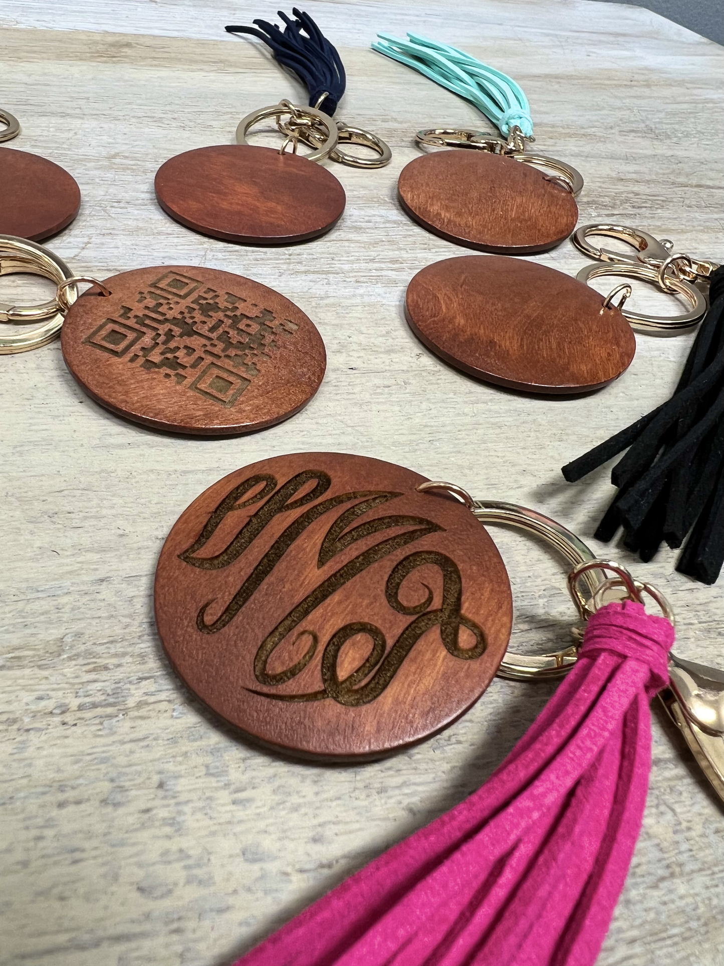 Wood Disc Key Ring with 4" Suede Tassel