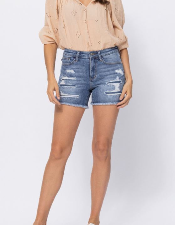Denim Patch Cutoff Shorts - Judy Blue