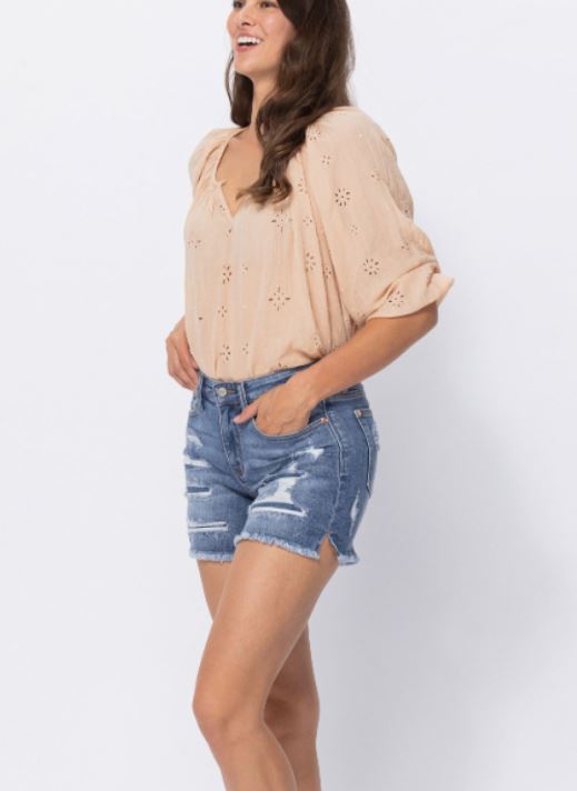 Denim Patch Cutoff Shorts - Judy Blue