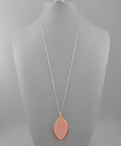 Gold Pink Teardrop Long Necklace and Earrings Set