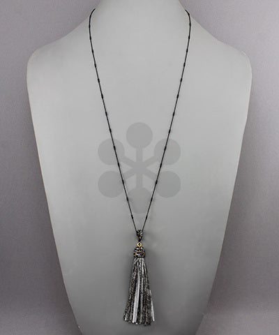 Gray & Leopard Leather Tassel Necklace